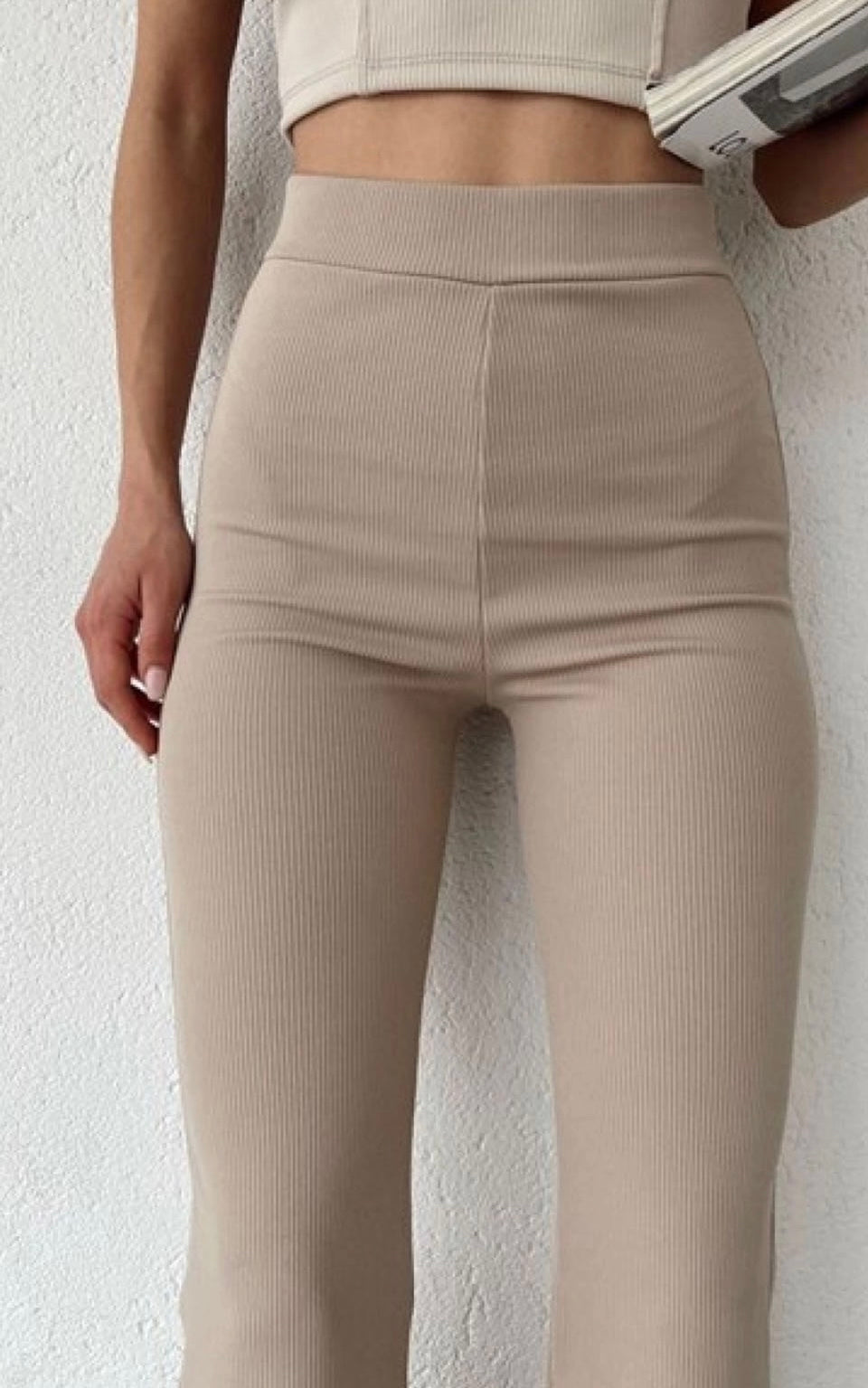 Geribbelde flared Legging High Waist | Beige