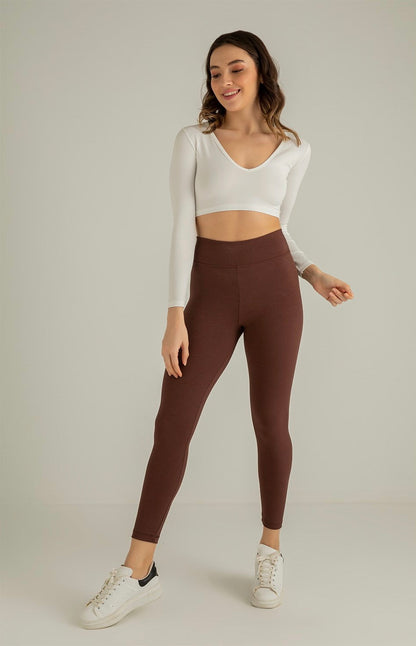 Geribbelde Legging High Waist met fleece | Bruin